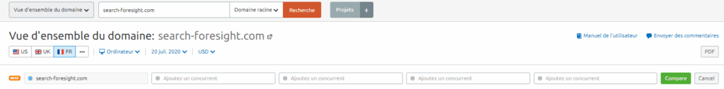 Fonctionnalité vue d'ensemble d'un domaine sur la plateforme SEO SEMrush
