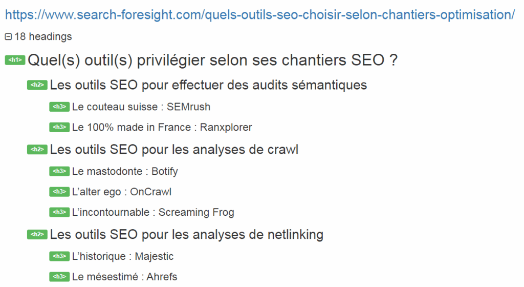 Capture d'écran balisage heading de l'article de blog Search Foresight "Quels outils seo choisir ?"